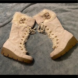 Fuzzy white winter calf high cream and gold boots